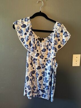 INC International Concepts Blue and White Floral Ruffle Top